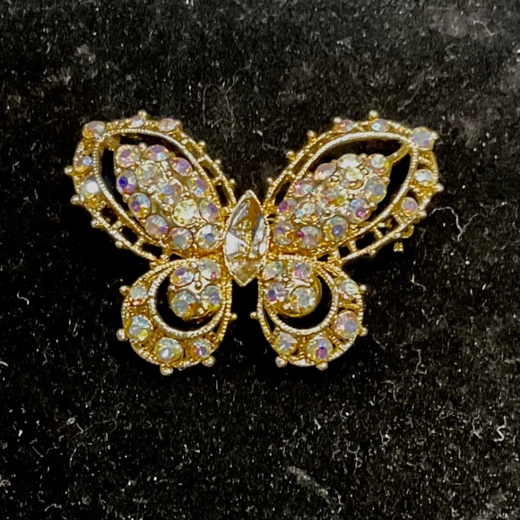 Jewelry - Vintage Filigree Gold and Rhinestone Butterfly Brooch